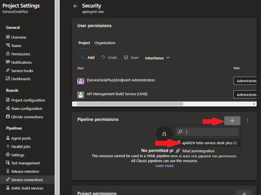 Add Service connection permission